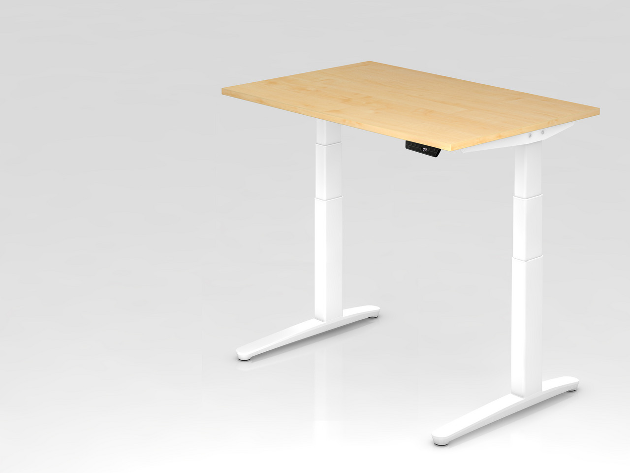 Sitz-Steh-Schreibtisch Pekka | Ahorn | Weißes Gestell | BxT 120x80cm | Höhe 65-130cm | elektrisch stufenlos höhenverstellbar | C-Fuß Gestell | Rechteckform