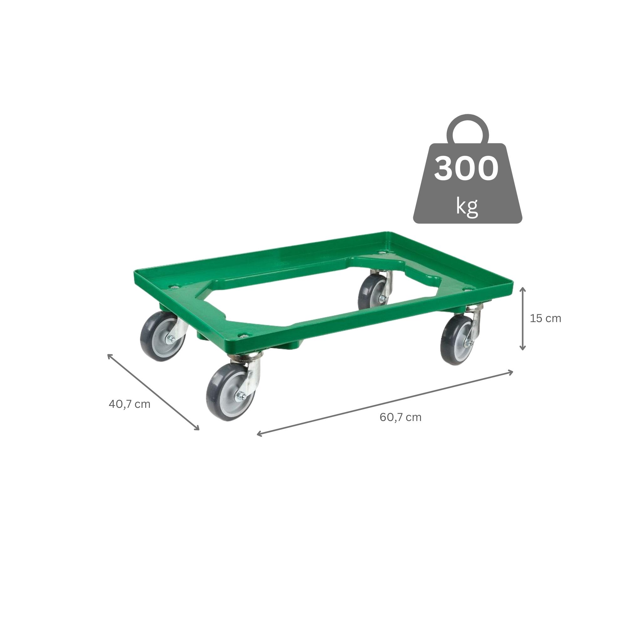 Transportroller für Euroboxen 60x40cm mit Gummiräder grün | Offenes Deck | 2 Lenkrollen & 2 Bockrollen | Traglast 300kg | Kistenroller Logistikroller Rollwagen Profi-Fahrgestell
