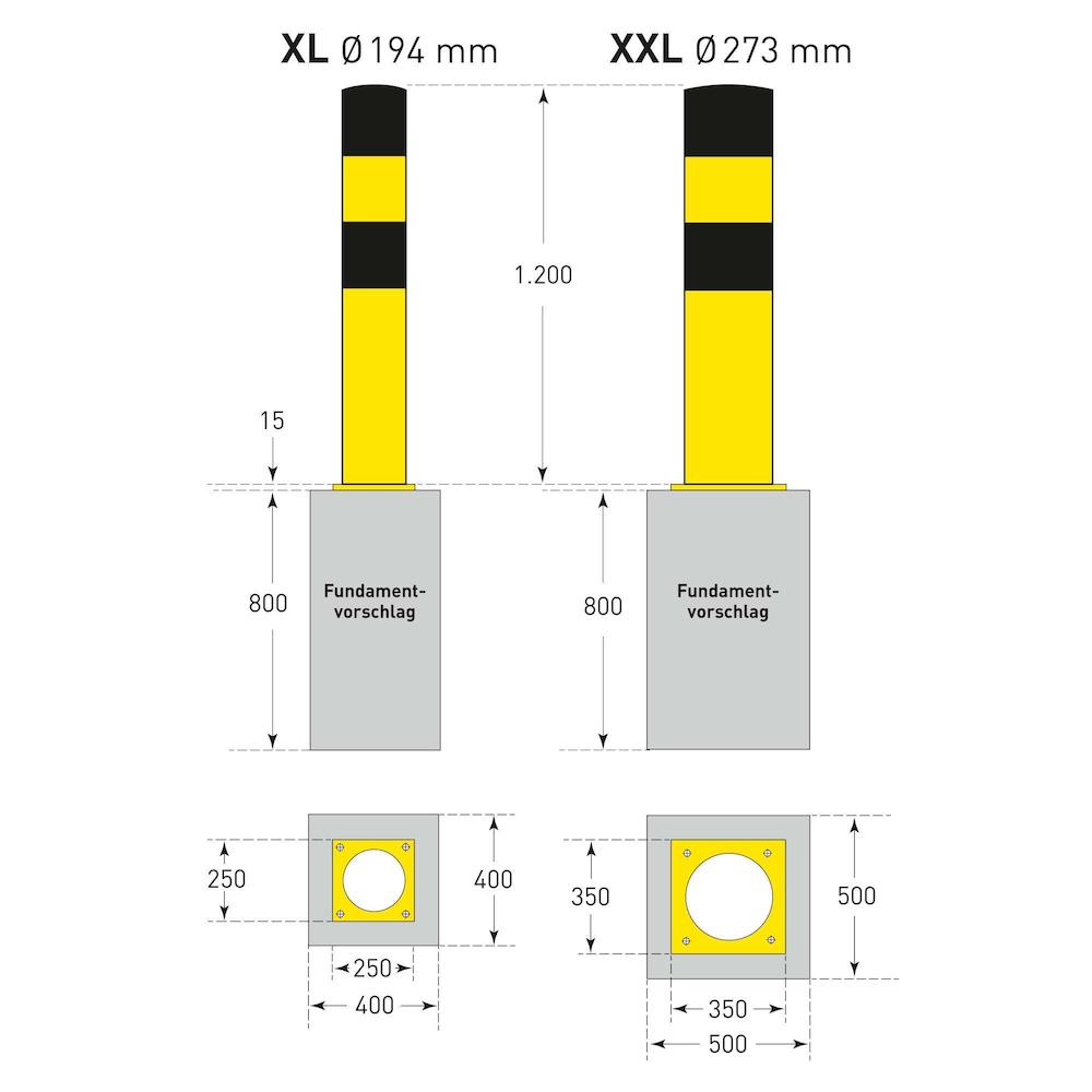 Rammschutz-Poller XXL zum Aufdübeln | Mit Beton befüllbar | HxØ 120x27,3cm | Materialstärke 5mm | Feuerverzinkter & kunststoffbeschichteter Stahl | Schwarz-Gelb