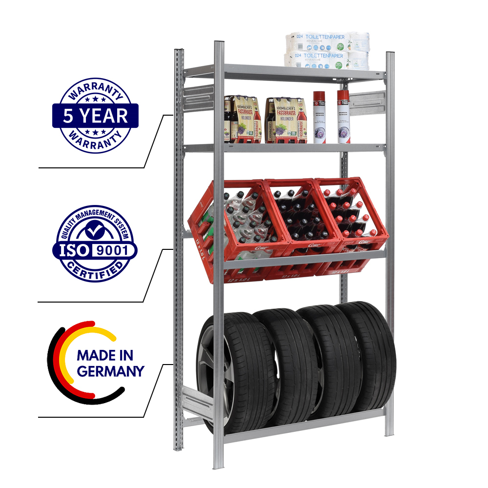 Getränkekisten- & Reifenregal Chiemsee TIRE Made in Germany | HxBxT 200x106x43,5cm | 3 Kisten  auf 1 Ebene + 4 Reifen & 2 Boards | Verzinkt