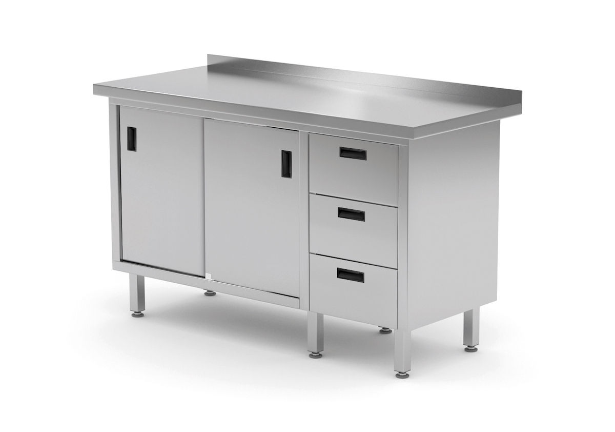 Edelstahl Gastro-Arbeitstisch mit 3 Schubladen und 2 Schiebetüren | AISI 430 Qualität | HxBxT 85x140x70cm