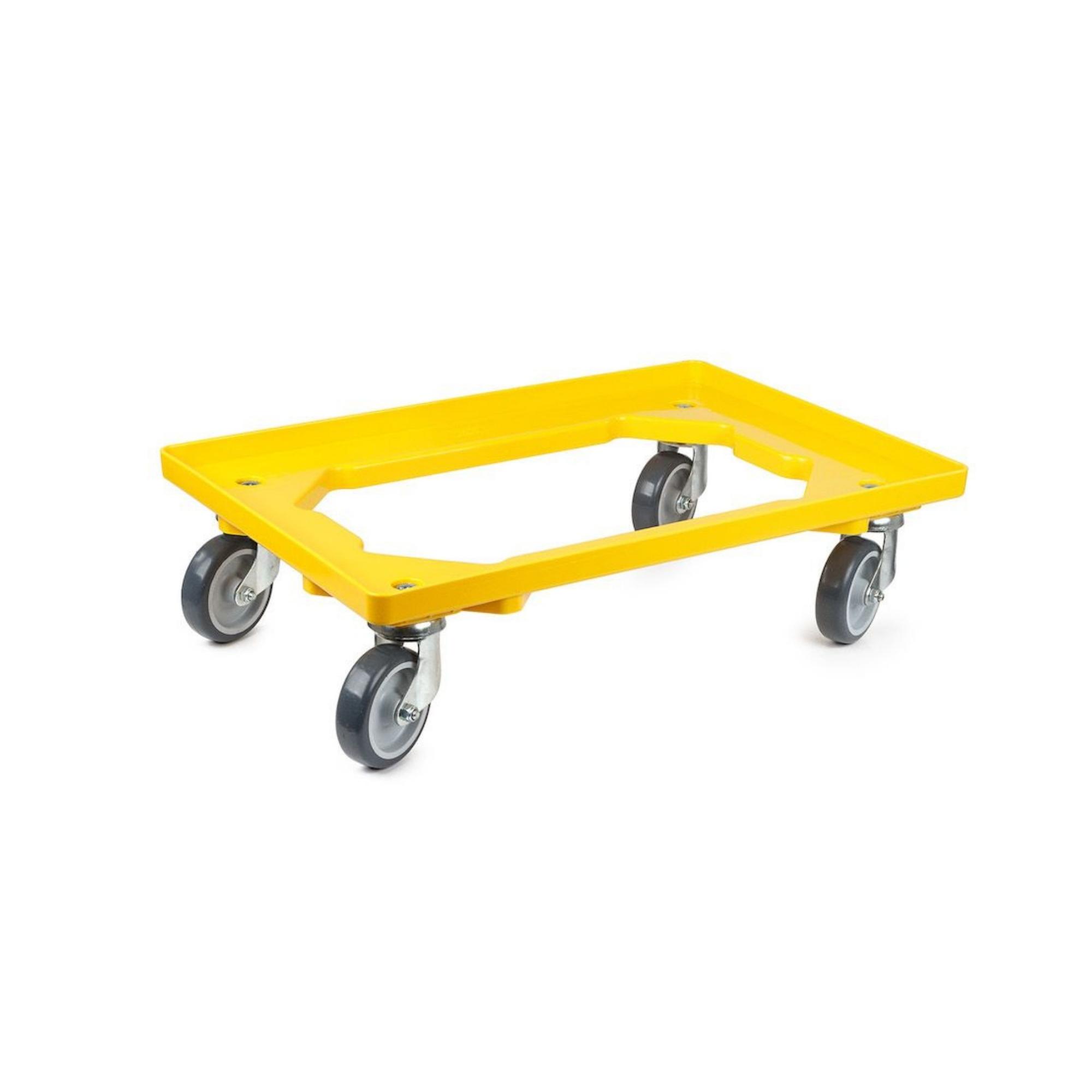 SparSet 2x Transportroller für Euroboxen 60x40cm mit Gummiräder gelb | Offenes Deck | 2 Lenkrollen & 2 Bremsrollen | Traglast 300kg | Kistenroller Logistikroller Rollwagen Profi-Fahrgestell