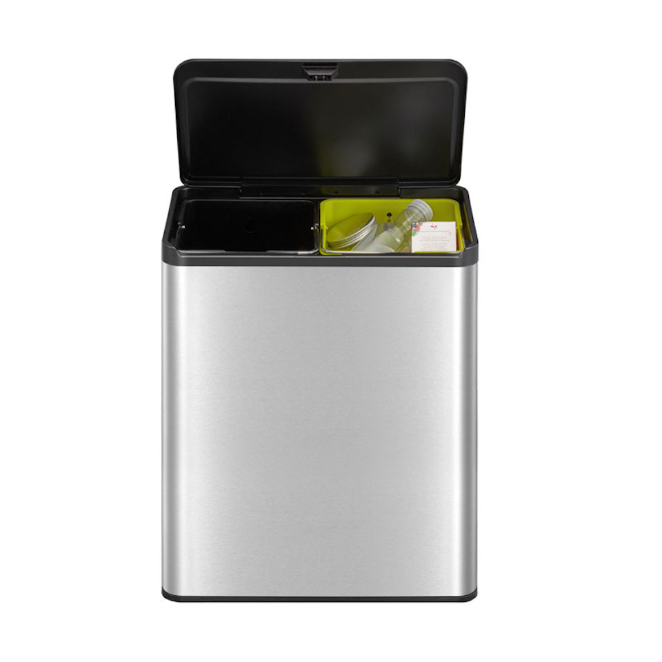 Rechteckiger Abfallbehälter aus gebürstetem Edelstahl mit Touch-Open-Deckel aus Kunststoff | 40 Liter, HxBxT 59,5x46,3x28,8cm | Silber