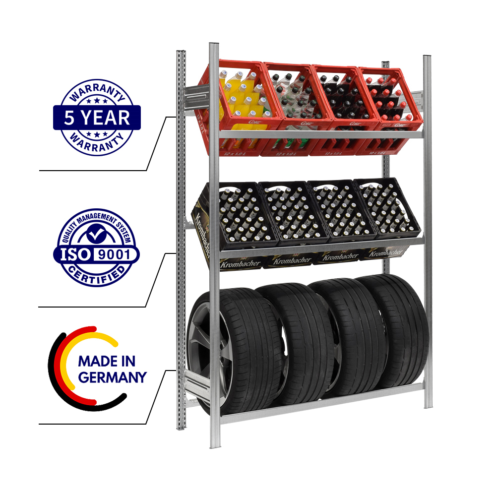 Getränkekisten- & Reifenregal Chiemsee TIRE Made in Germany | HxBxT 200x136x43,5cm | 6 Kisten auf 2 Ebenen + 4 Reifen | Verzinkt