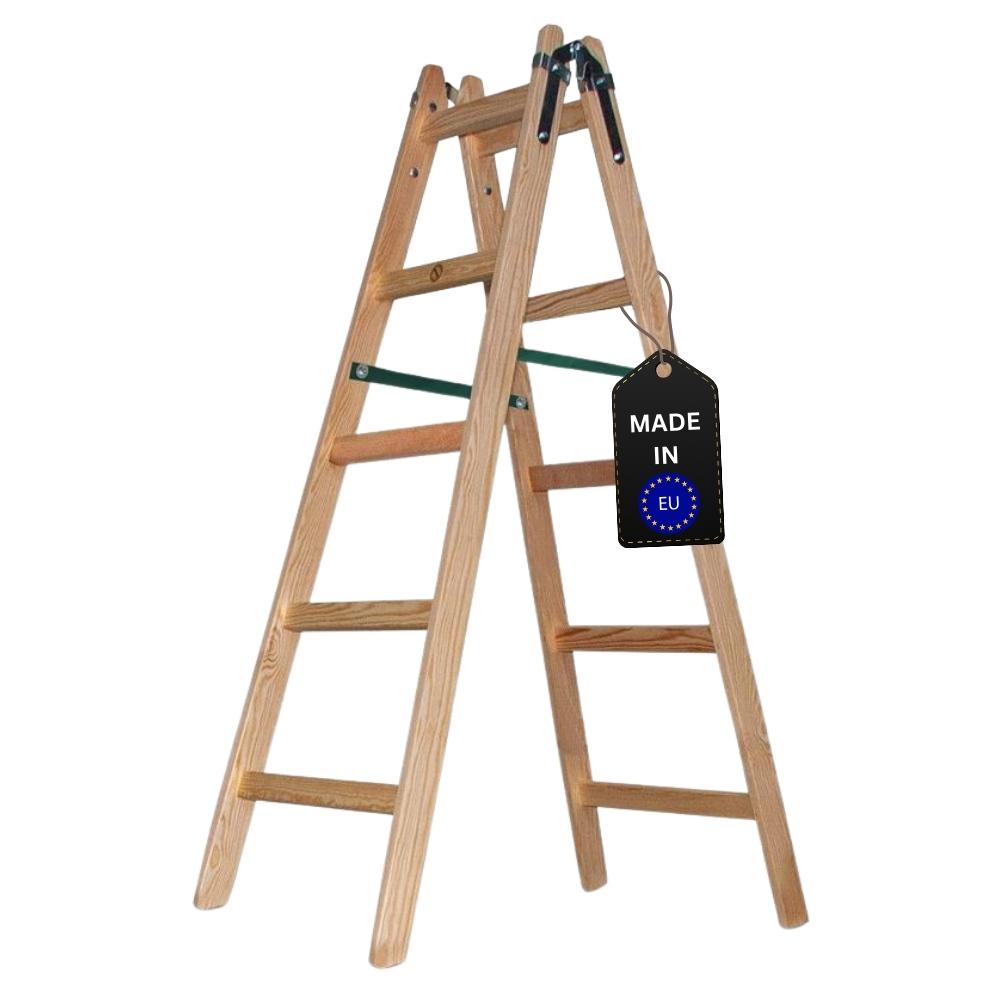 Sprossen-Stehleiter aus Holz ECONOMY PLUS | beidseitig begehbar | 2x5 Sprossen | Arbeitshöhe 3,00m | Traglast 150kg