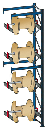 Schulte Kabeltrommel-Regal | BlockRoll System, gebremst | Anbauregal | HxBxT 410x87x104,5cm | 4 Kabeltrommelachsen | Achsdurchmesser 34mm | Traglast 1000kg