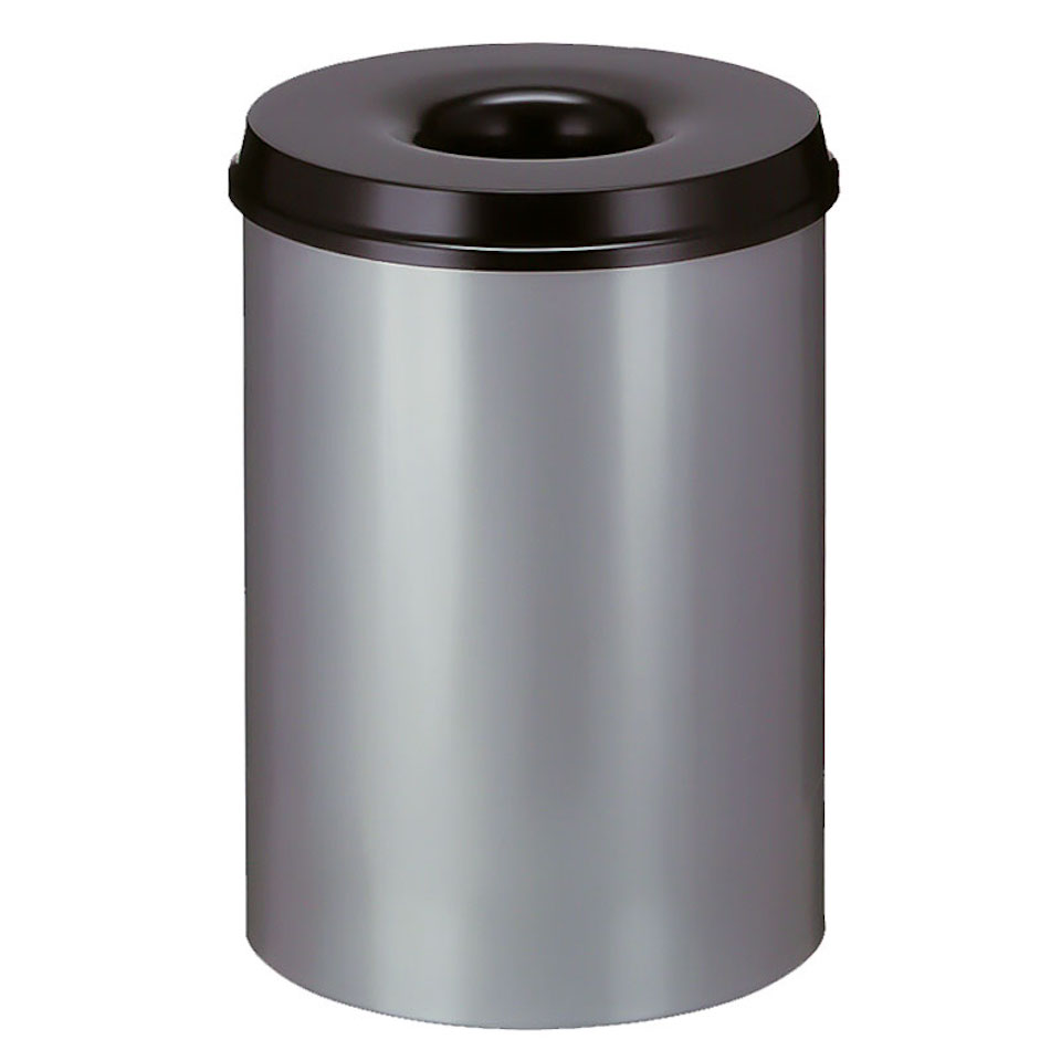 Selbstlöschender Papierkorb & Abfallsammler aus Metall | 30 Liter, HxØ 47x33,5cm | Alu-Grau, Kopfteil Schwarz