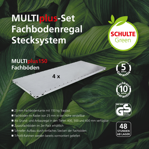 Schulte Green Fachbodenregal MULTIplus150 Stecksystem | Anbauregal | HxBxT 200x100x60cm | 4 Ebenen | Fachlast 150kg | Verzinkt