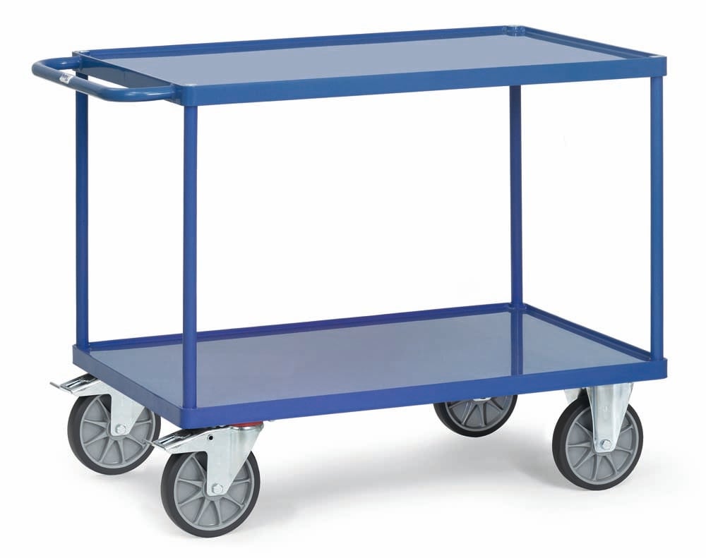 Schwerer Tischwagen mit 2 Stahlblech-Wannen Ladeflächen von 120 x 80 cm