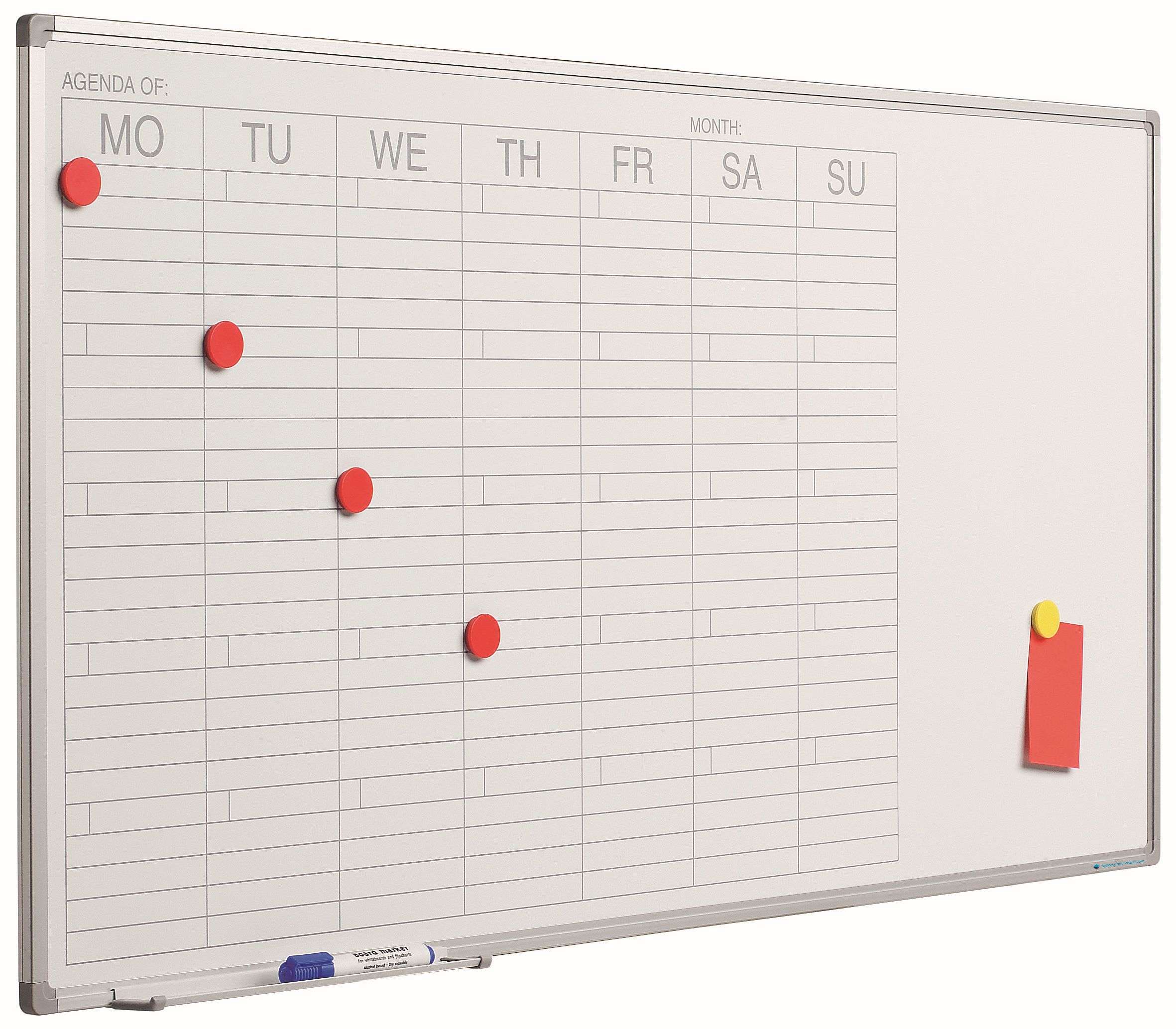 Wochenplaner magnetisches Whiteboard Mo-So | HxB 60x120cm | 8mm-Platte | auf Deutsch | inkl. Befestigungsmaterial & Stiftablage | Sublimationsstahl | Aluminium/Weiß