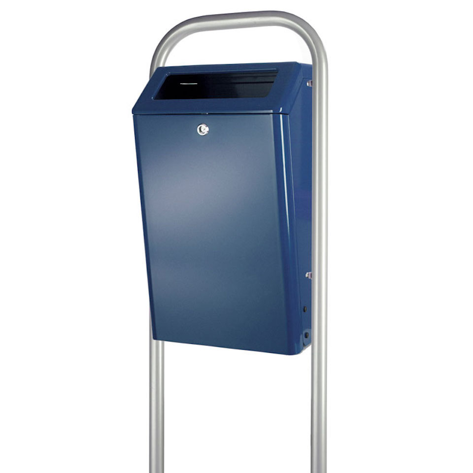 Aluminium feuerfester Abfallbehälter für den Außenberreich offen | 50 Liter, HxBxT 72,5x40x30,5cm | Gestell- oder Wandmontage | Blau
