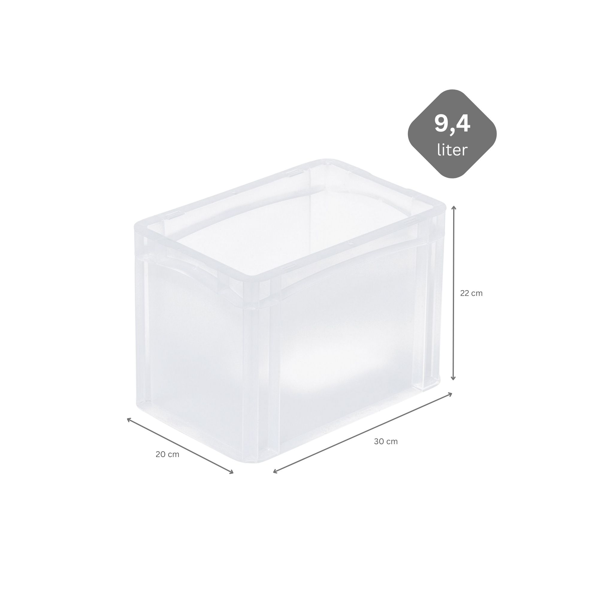 Transparenter Eurobehälter BasicLine mit geschlossenem Griff | HxBxT 22x20x30cm | 9,4 Liter | Eurobox, Transportbox, Transportbehälter, Stapelbehälter