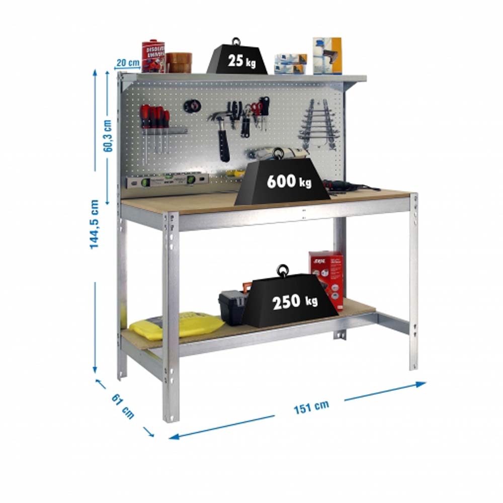 Werkbank BUFFALO mit Werkzeugwand und Ablage | HxBxT 84x150x61cm | Traglast 600kg | Verzinkt