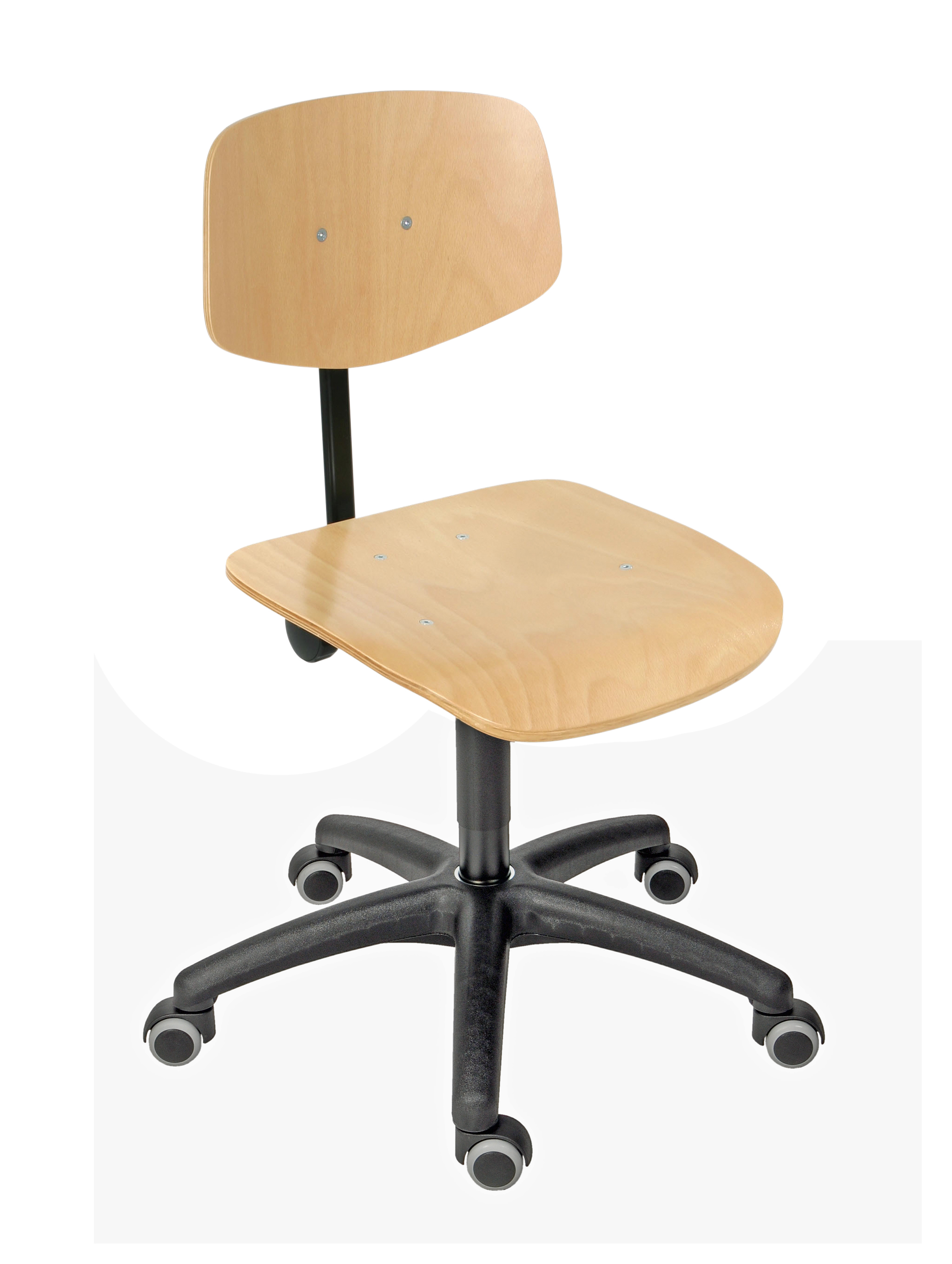 Arbeitsstuhl Arlington mit kleiner Rückenlehne | Sitzhöhe 45-64cm | Ø 63cm | Tragfähigkeit 110kg | Buche-Sitz | Kunststoff-Fußkreuz mit Rollen | Buche