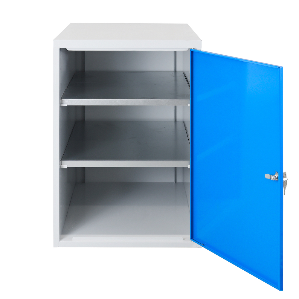 Stahlblechschrank mit Tür und 2 Fachböden für Werkbank Rhino| HxBxT 80x53x70cm | Traglast 50kg | Lichtgrau/Lichtblau