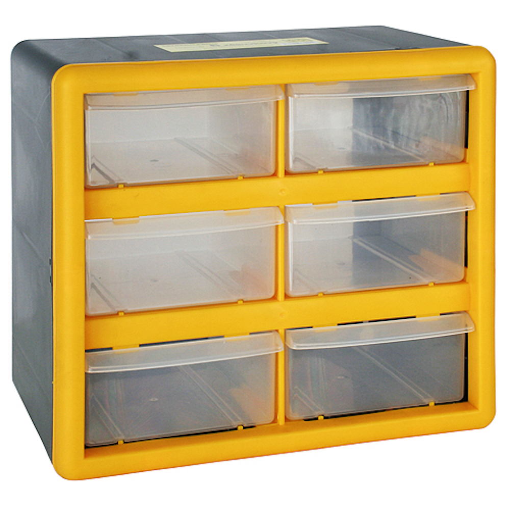 Cosimo Kleinteilemagazin mit 6 Schubfächer grau/gelb | HxBxT 23,5x26,5x16cm | Kleinteileregal, Sortimentsboxen, Sortimentskastenregal, Regalsystem