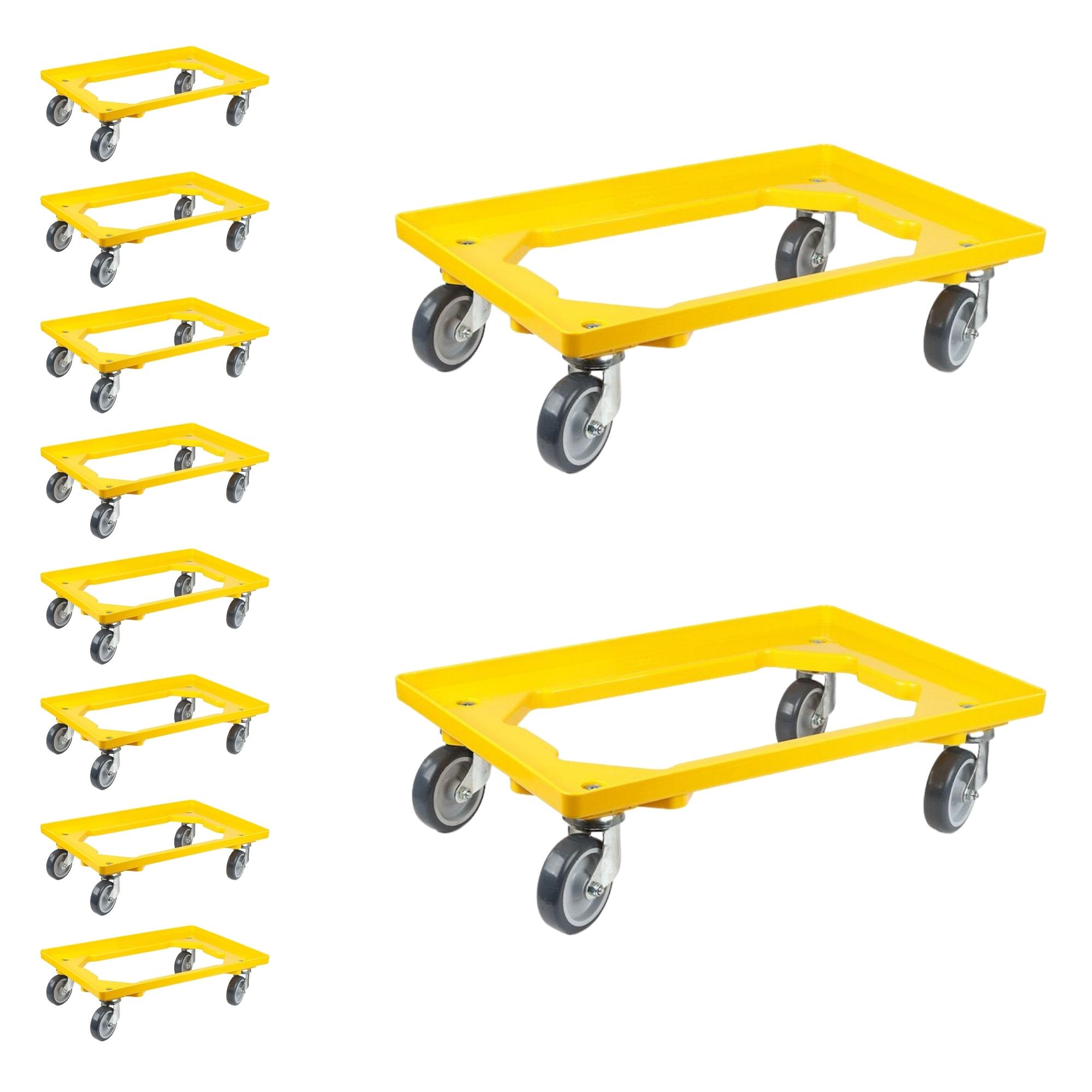 SparSet 10x Transportroller für Euroboxen 60x40cm mit Gummiräder gelb | Offenes Deck | 4 Lenkrollen | Traglast 300kg | Kistenroller Logistikroller Rollwagen Profi-Fahrgestell