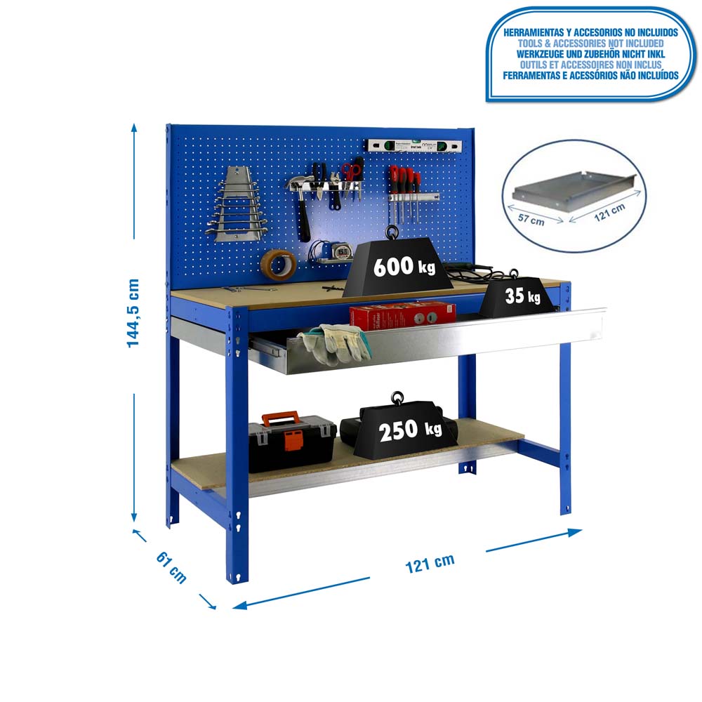 Werkbank BUFFALO mit Werkzeugwand und Schubfach | HxBxT 84x120x61cm | Traglast 600kg | Blau