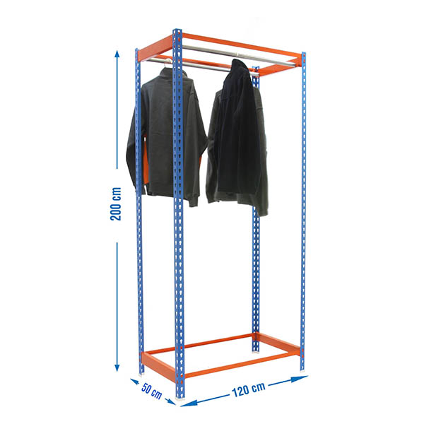 Kleiderstangenregal Metal Einzel | HxBxT 200x120x50cm | Blau/Orange | Kleiderständer Garderobe Klamottenregal Stangenregal Regal