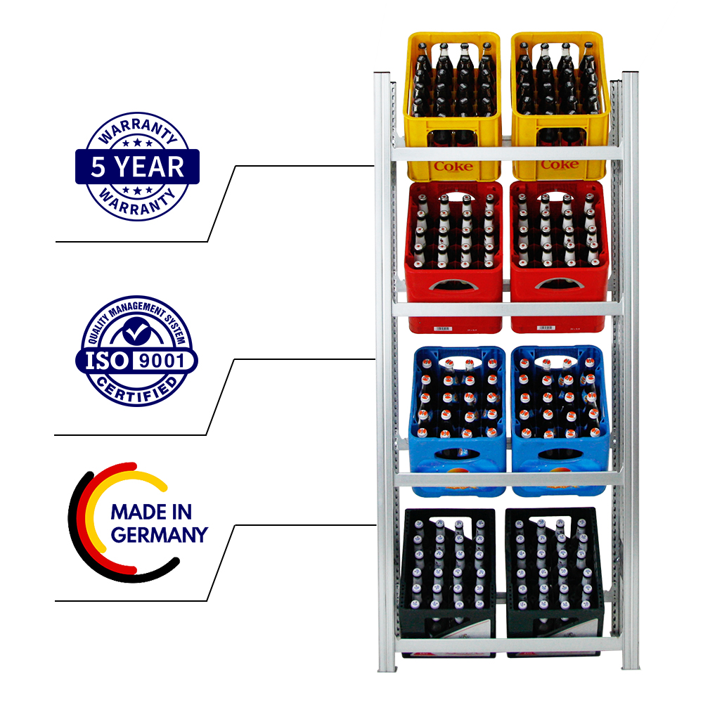 Getränkekistenregal Chiemsee Made in Germany | HxBxT 185x81x34cm | 8 Kisten auf 4 Ebenen | Verzinkt