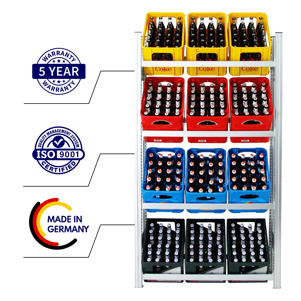 Getränkekistenregal Chiemsee Made in Germany | HxBxT 185x106x34cm | 12 Kisten auf 4 Ebenen | Verzinkt