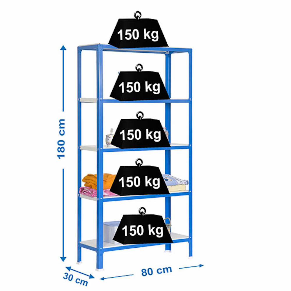 Wohnregal LIVING KOALA METAL mit 5 Fachböden | HxBxT 180x80x30cm | Fachlast 150kg | Blau/Weiß