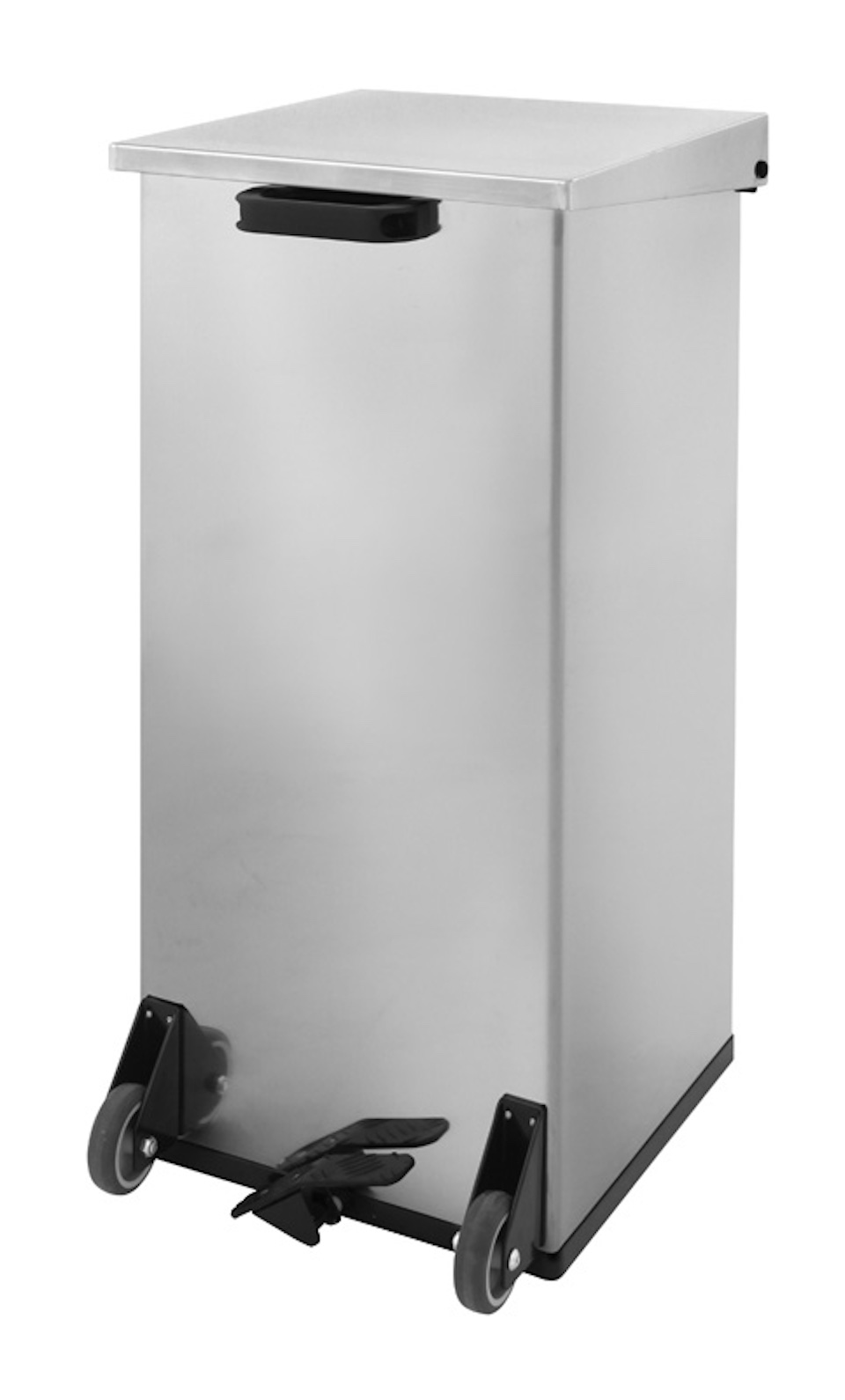 Mobiler eckiger feuerfester Pedal-Abfallbehälter Haiti mit Softclose Deckel | 110 Liter, HxBxT 80x39x39cm | Edelstahl / Silber