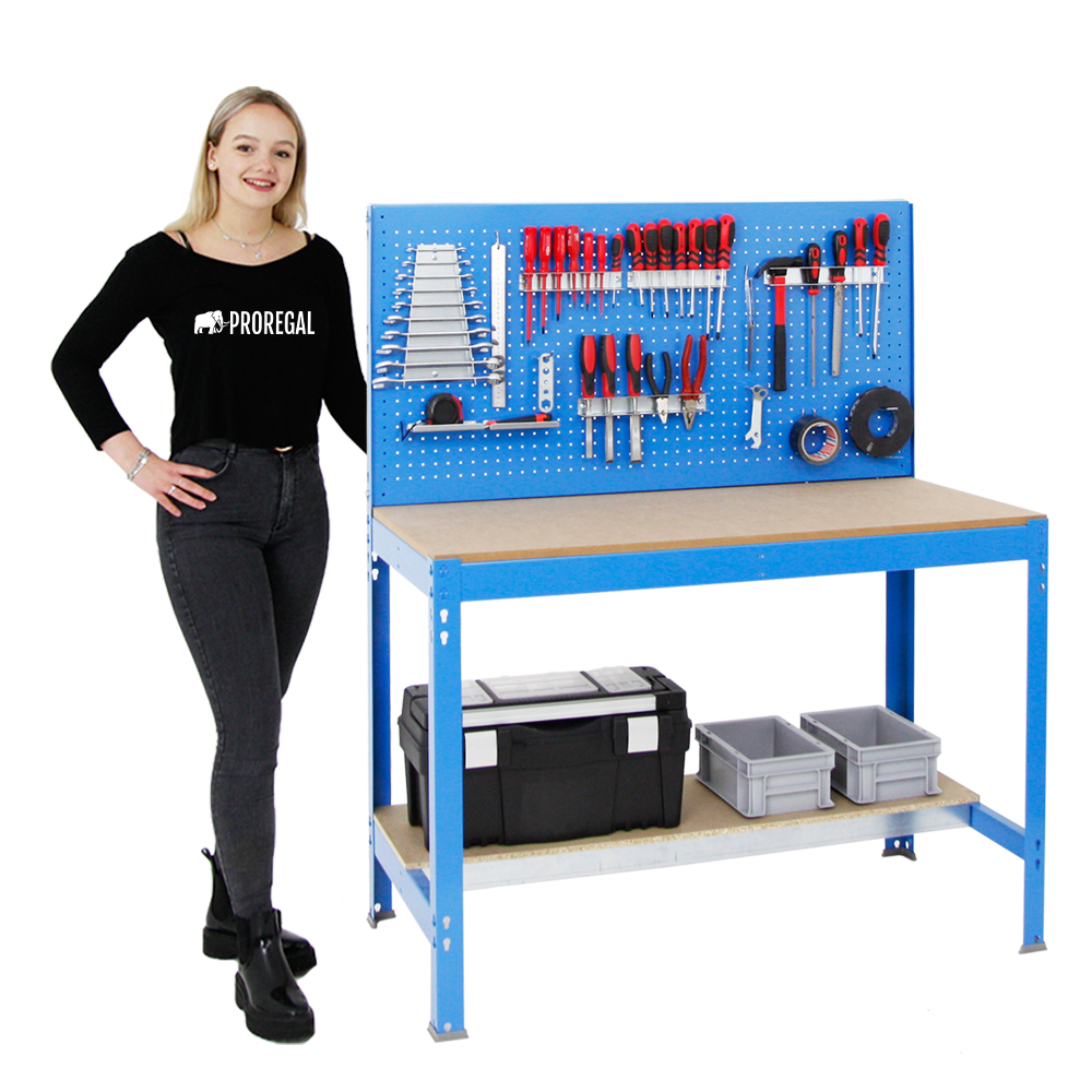 Werkbank QUICK-BUFFALO mit Werkzeugwand + Zubehör Gamma | HxBxT 84x120x61cm | Traglast 600kg | Blau