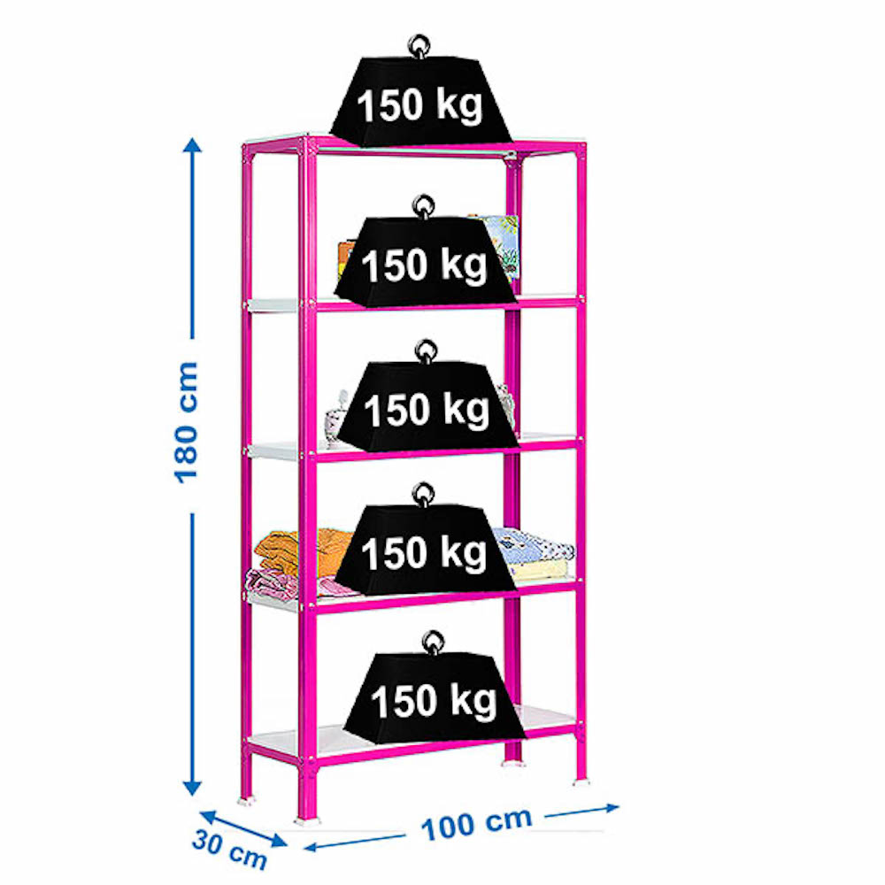 Wohnregal LIVING KOALA METAL mit 5 Fachböden | HxBxT 180x100x30cm | Fachlast 150kg | Rosa/Weiß