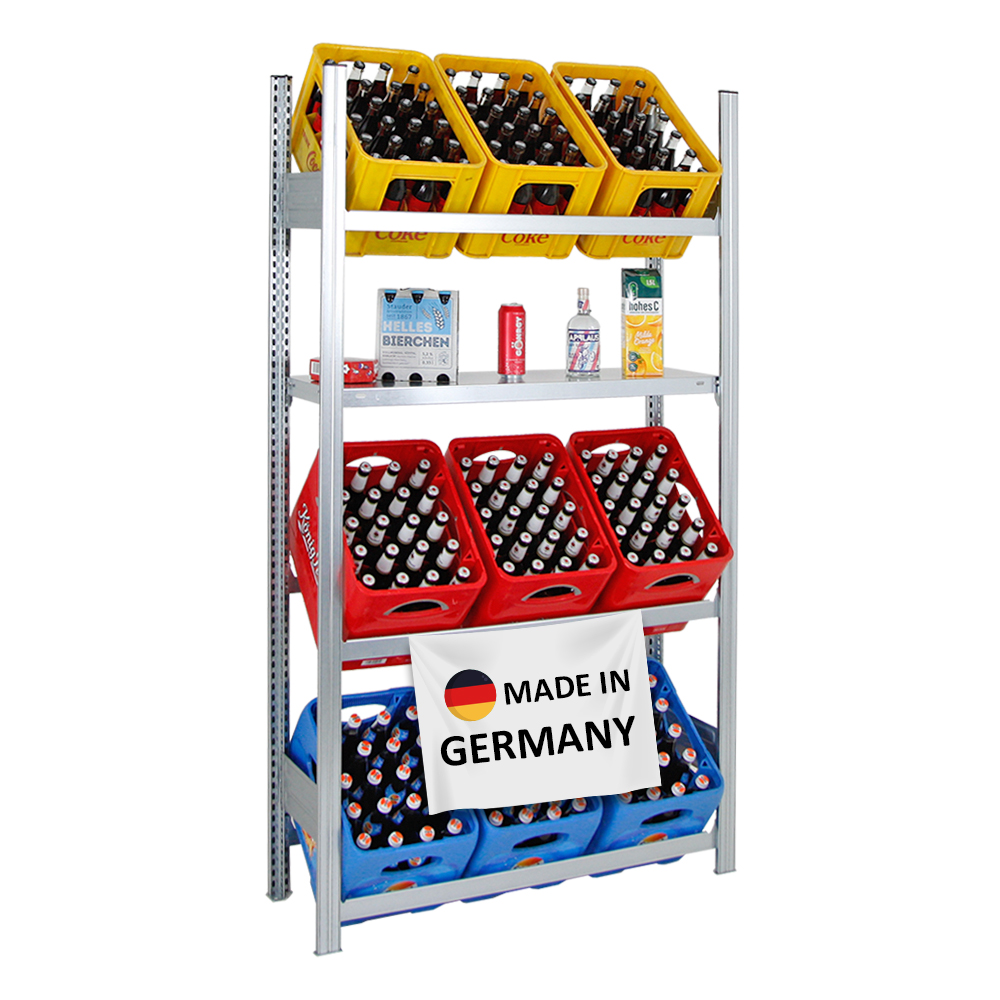 Getränkekistenregal Chiemsee Made in Germany | HxBxT 185x106x34cm | 9 Kisten auf 3 Ebenen + Board | Verzinkt