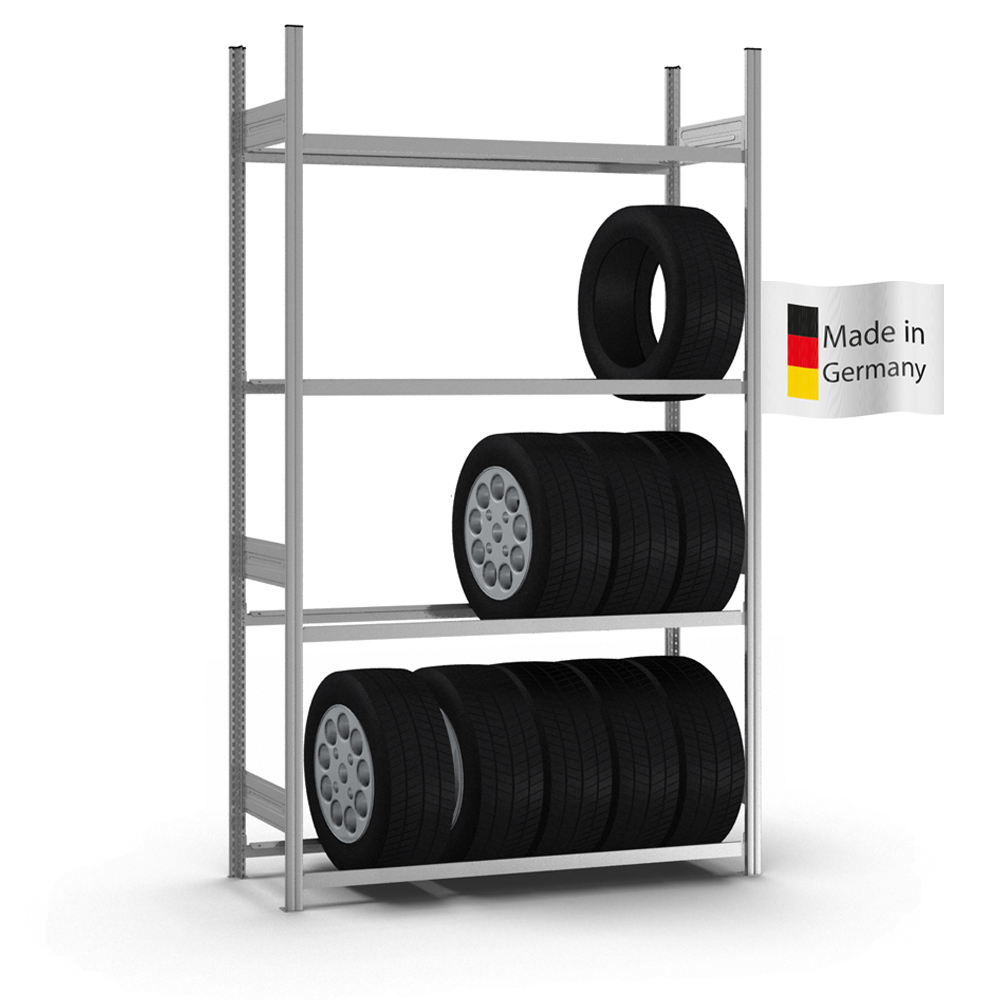Reifenregal Stecksystem T-Profil | Grundregal | HxBxT 250x150x40cm | 4 Ebenen | Fachlast 150kg | Verzinkt