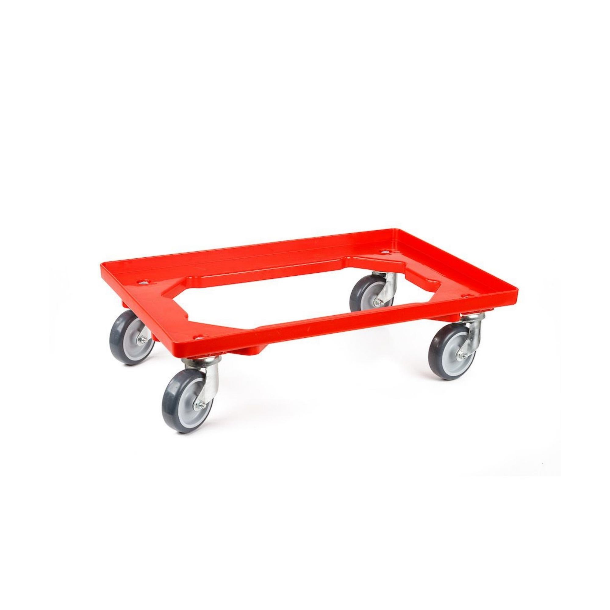 Transportroller für Euroboxen 60x40cm mit Gummiräder rot | Offenes Deck | 2 Lenkrollen & 2 Bremsrollen | Traglast 300kg | Kistenroller Logistikroller Rollwagen Profi-Fahrgestell