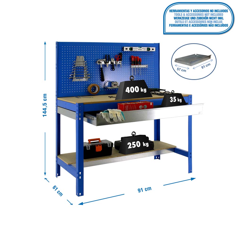 Werkbank BUFFALO mit Werkzeugwand und Schubfach | HxBxT 84x90x61cm | Traglast 400kg | Blau
