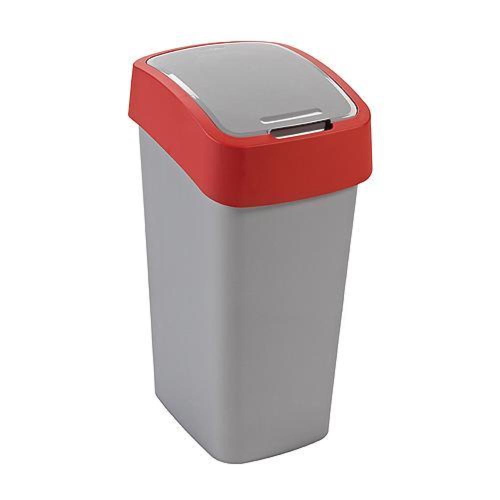 Abfallbehälter mit Schwing-/Klappdeckel | 50 Liter Fassungsvermögen | Silber/Rot