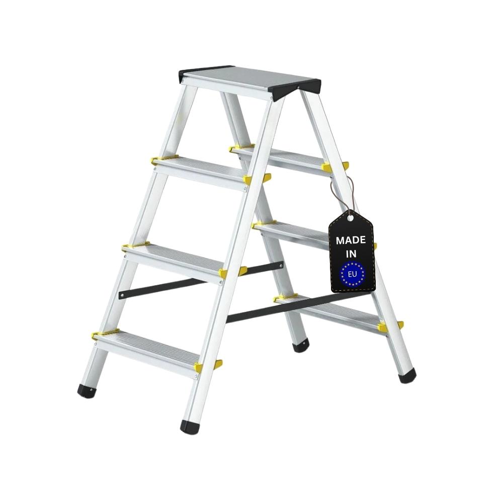 Stufenstehleiter ECONOMY BASIC | beidseitig begehbar | 2x4 Stufen | Arbeitshöhe 2,81m | Traglast 150kg
