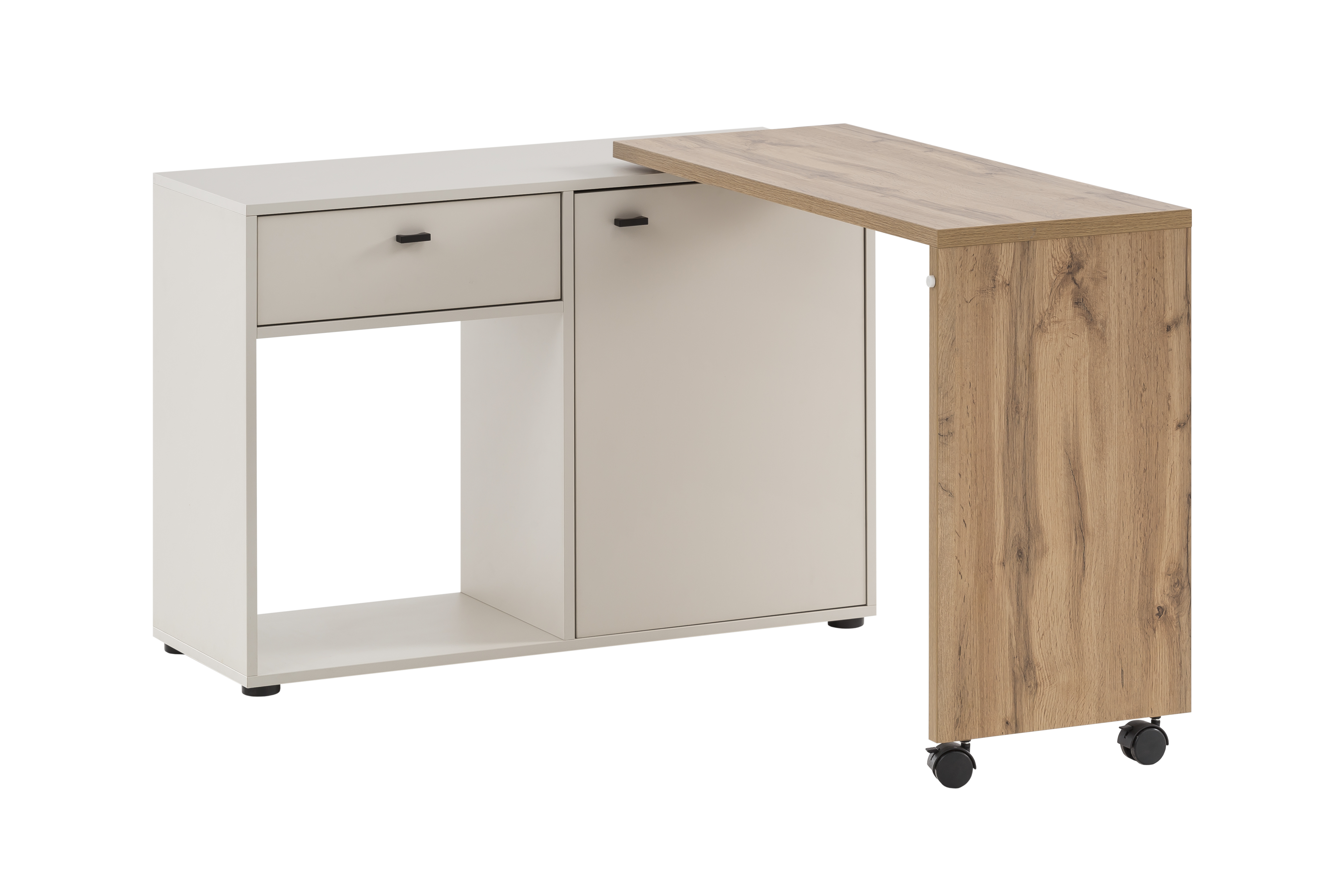 Möbelpartner Schreibtisch mit drehbarer Arbeitsplatte Monkey | HxBxT 75x105x39cm | 1 Schublade & 1 Aktenschrank mit 2 Fächern | Eiche/Weiß