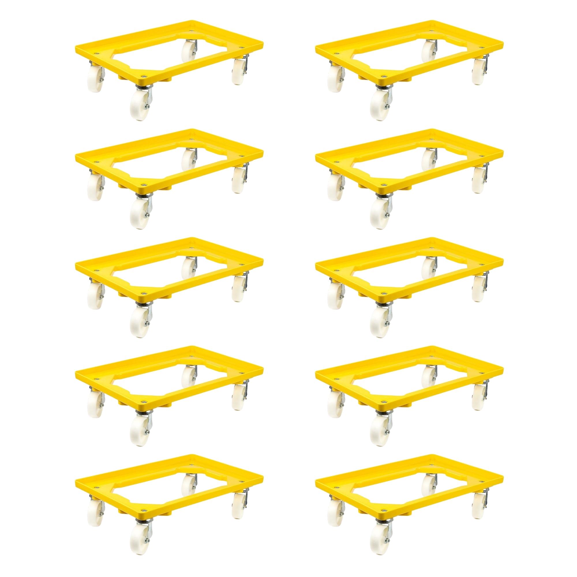 SparSet 10x Transportroller für Euroboxen 60x40cm mit Kunststoffräder gelb | Offenes Deck | 4 Lenkrollen | Traglast 300kg | Kistenroller Logistikroller Rollwagen Profi-Fahrgestell