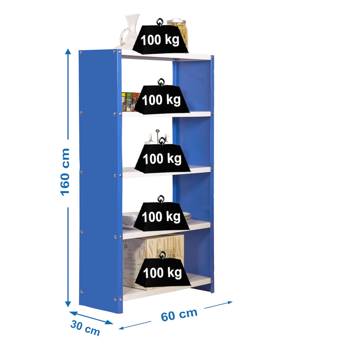 Wohnregal LIVING LUCHS METAL mit 5 Fachböden | HxBxT 160x60x30cm | Fachlast 100kg | Blau/Weiß