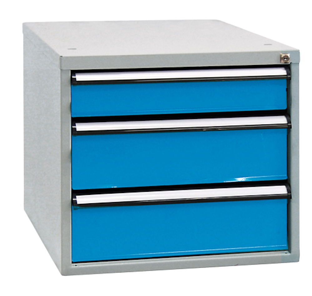 Schubladenbox mit 3 Schubladen für Werkbank Rhino| HxBxT 50x53x70cm | Traglast 60kg | Lichtgrau/Lichtblau