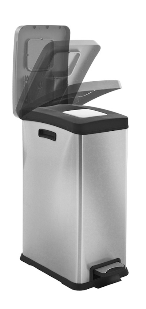 Schmaler rechteckiger Pedaleimer mit Softclose-Deckel | 30 Liter, HxBxT 63,6x45,9x26,4cm | Kunststoff | Edelstahl / Silber