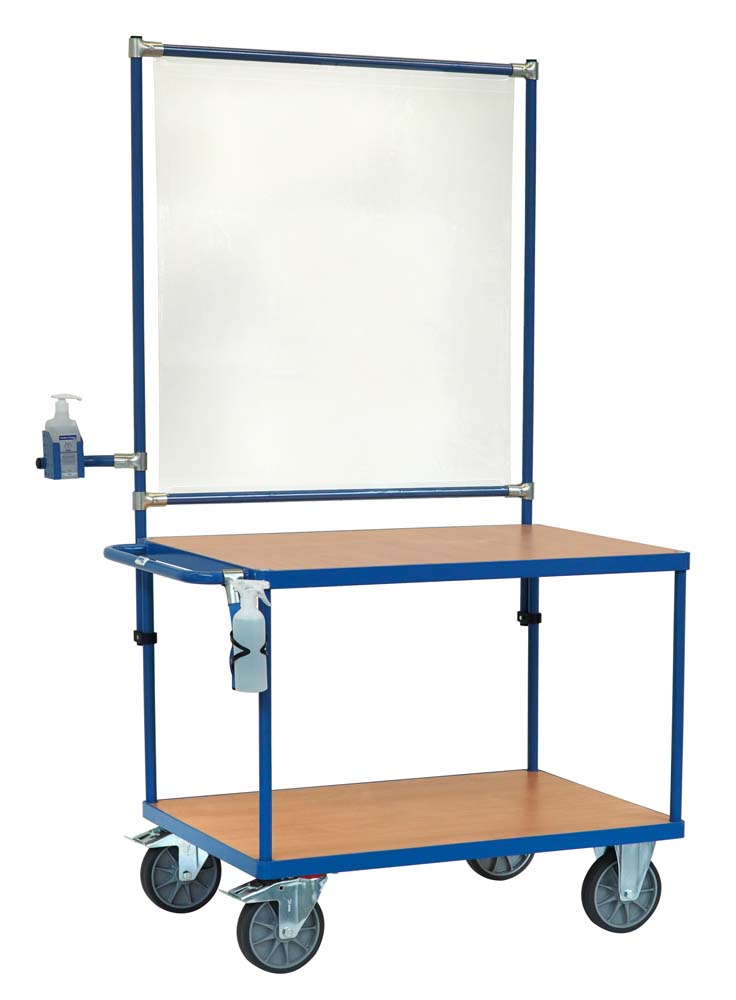 Tischwagen mit 2 Ladeflächen (100 x 70 cm), Desinfektionsmittelhalterungen und Infektionsschutzwand