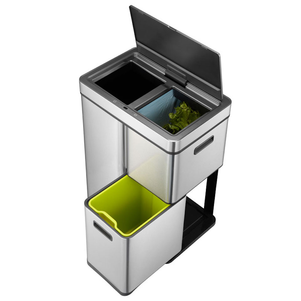 Stylischer Sensor-Mülleimer aus gebürstetem Edelstahl | 30+15+15 Liter, HxBxT 65,3x48,6x30,6cm | Silber