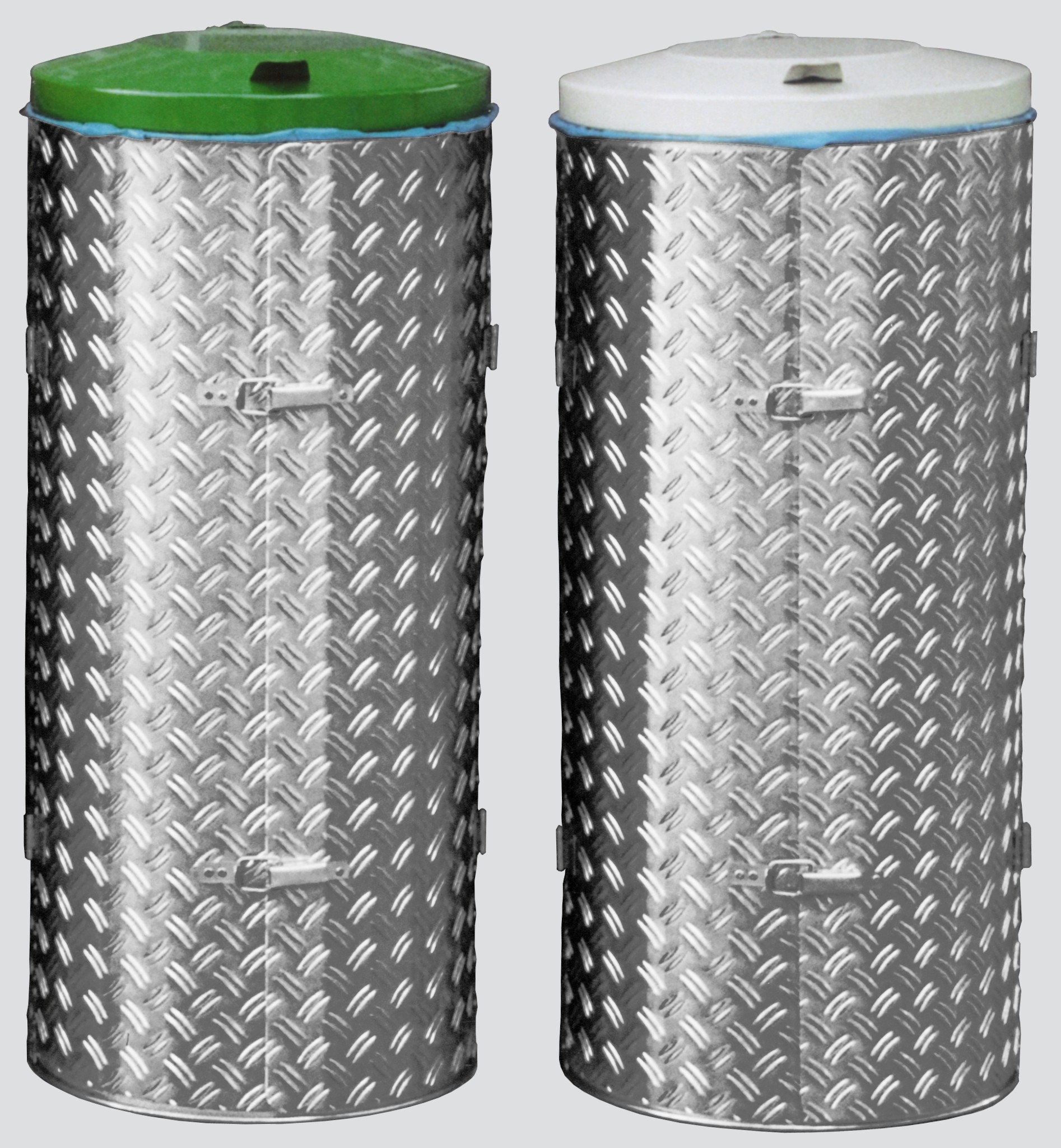 Kompakter Abfallsammler mit Türe | 120 Liter, HxBxT 99x43,5x43,5cm | Edelstahl | Alu-Duett-Blech | Deckel grün