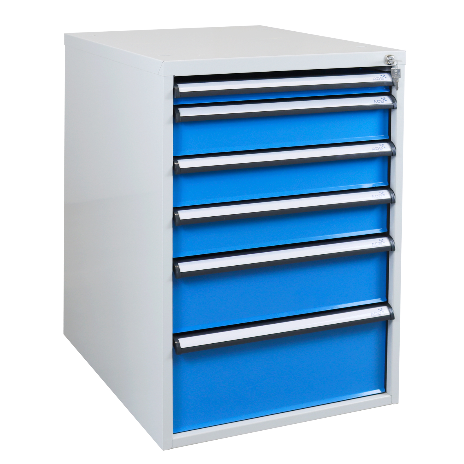Schubladenbox mit 6 Schubladen für Werkbank Rhino| HxBxT 80x53x70cm | Traglast 60kg | Lichtgrau/Lichtblau