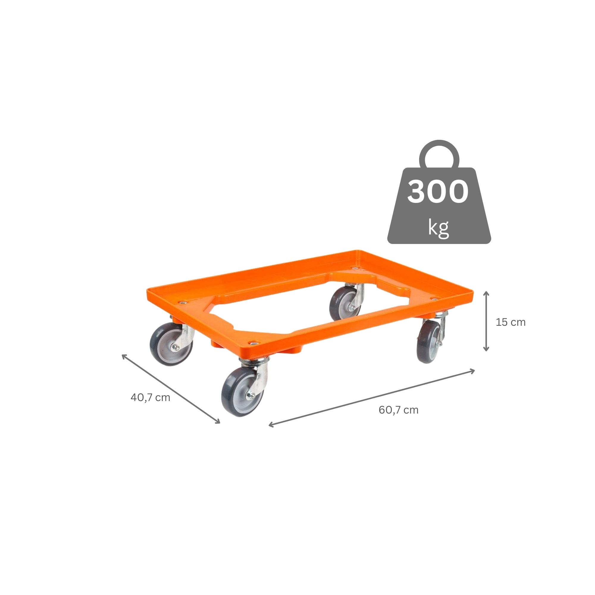 Transportroller für Euroboxen 60x40cm mit Gummiräder orange | Offenes Deck | 2 Lenkrollen & 2 Bremsrollen | Traglast 300kg | Kistenroller Logistikroller Rollwagen Profi-Fahrgestell