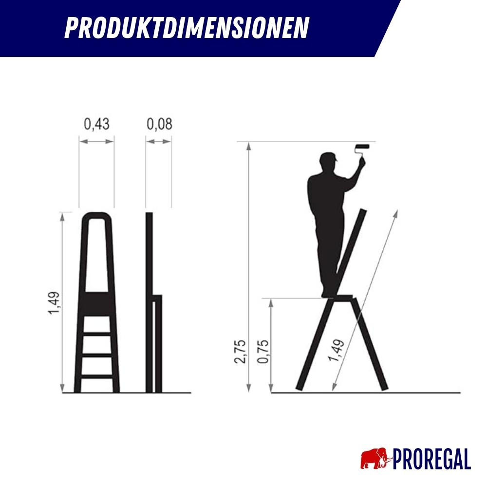 Stufenstehleiter ECONOMY BASIC aus Hochleistungsstahl | einseitig begehbar | 4 Stufen | Arbeitshöhe 2,75m | Traglast 125kg | Schwarz