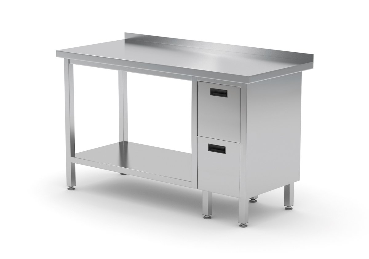 Edelstahl Gastro-Arbeitstisch mit 2 Schubladen rechts sowie Grundboden und Aufkantung | AISI 430 Qualität | HxBxT 85x130x60cm