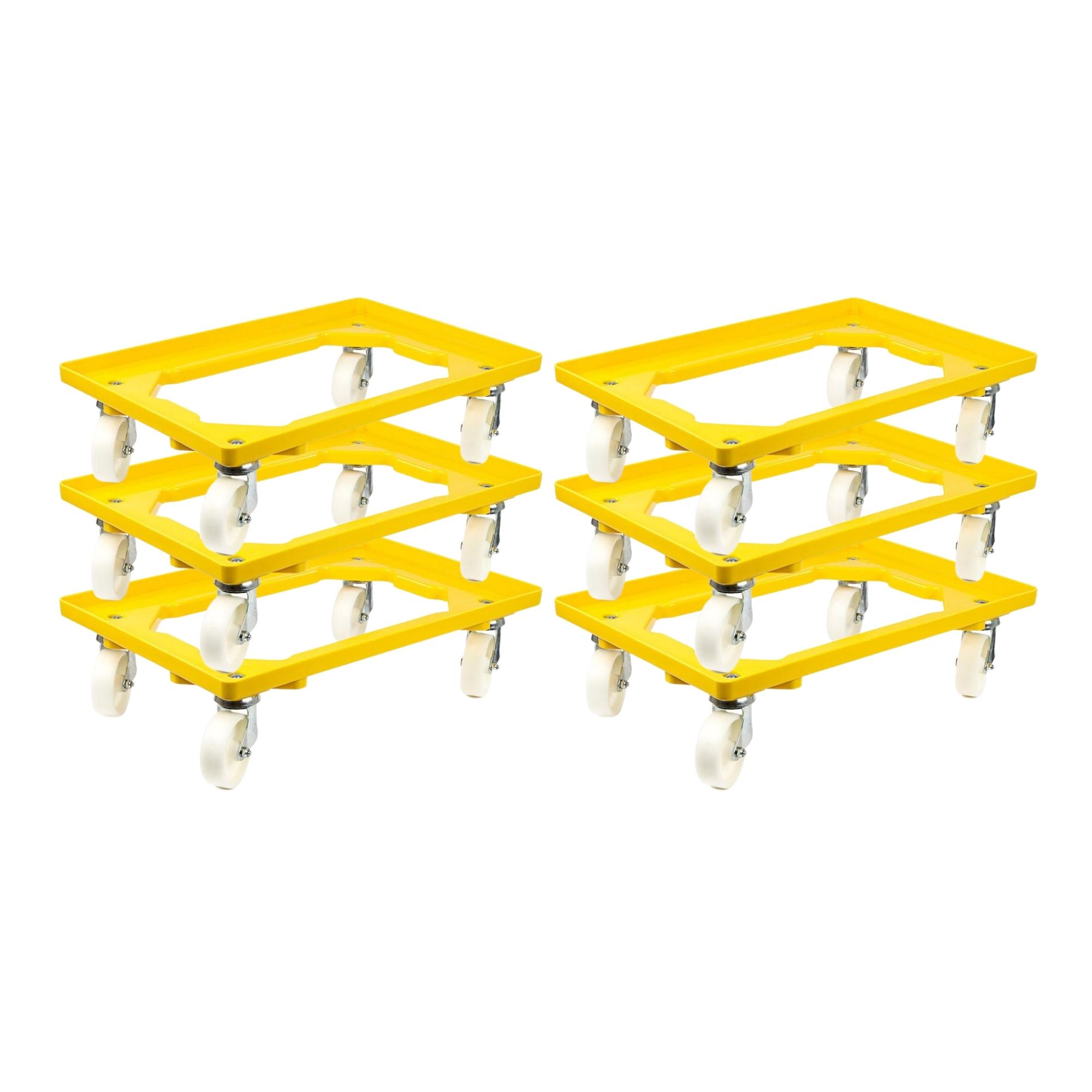 Transportroller für Euroboxen 60x40cm mit Kunststoffräder gelb | Offenes Deck | 2 Lenkrollen & 2 Bockrollen | Traglast 300kg | Kistenroller Logistikroller Rollwagen Profi-Fahrgestell