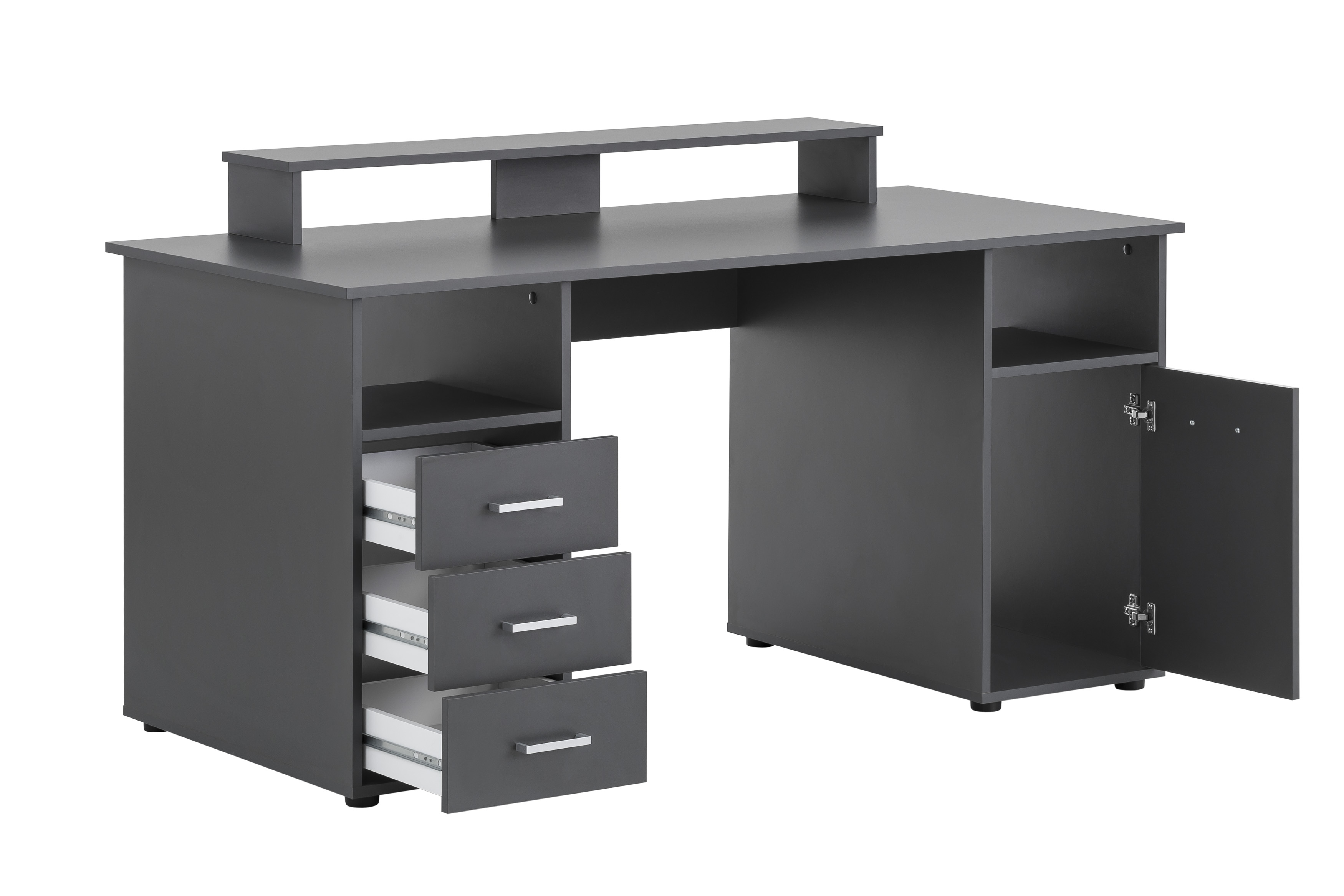 Möbelpartner Schreibtisch Fox | Large | HxBxT 86x150x70cm | 3 Schubladen, 2 offene Fächer, 1 Fach mit Flügeltür & Monitorständer | Anthrazit
