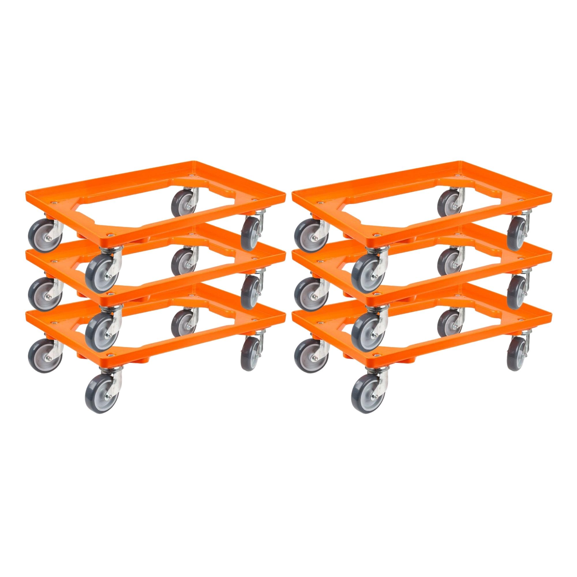 Transportroller für Euroboxen 60x40cm mit Gummiräder orange | Offenes Deck | 2 Lenkrollen & 2 Bremsrollen | Traglast 300kg | Kistenroller Logistikroller Rollwagen Profi-Fahrgestell
